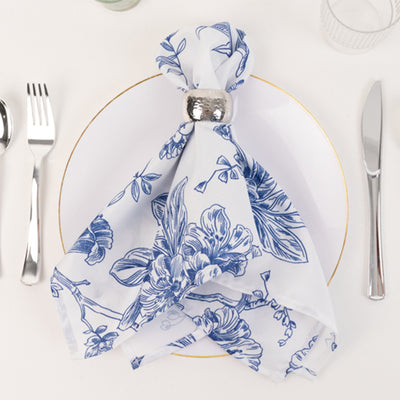 5 Pack Polyester Dinner Napkins 20"x20" White with Blue French Toile Pattern - Chic Floral Cloth Napkins