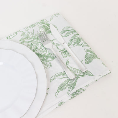5 Pack Polyester Dinner Napkins 20"x20" White with Dusty Sage Green French Toile Pattern - Chic Floral Cloth Napkins