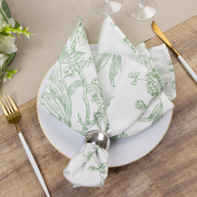 5 Pack Polyester Dinner Napkins 20"x20" White with Dusty Sage Green French Toile Pattern - Chic Floral Cloth Napkins