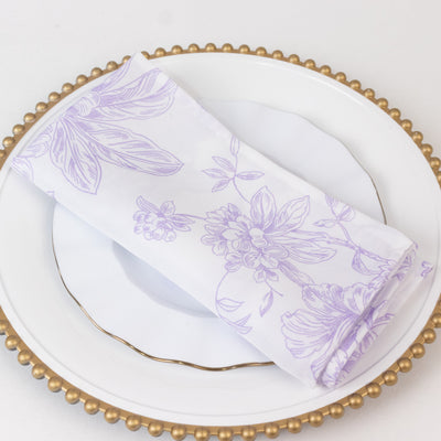 5 Pack Polyester Dinner Napkins 20"x20" White with Lavender Lilac French Toile Pattern - Chic Floral Cloth Napkins