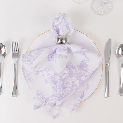 5 Pack Polyester Dinner Napkins 20"x20" White with Lavender Lilac French Toile Pattern - Chic Floral Cloth Napkins