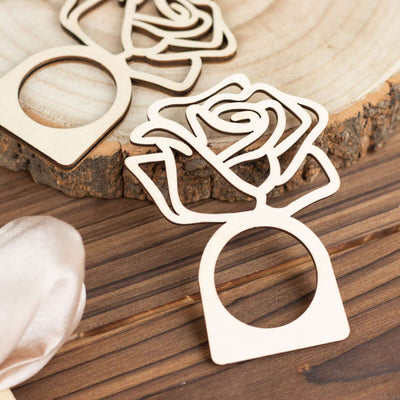 10 Pack Natural Wood Laser Cut Rose Design Boho Napkin Rings, Rustic Farmhouse Napkin Holders 4"