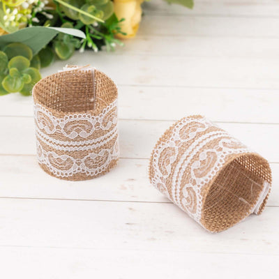 6 Pack Rustic Farmhouse Style Jute and Lace Napkin Rings, Boho Chic Burlap Serviette Buckles Holder