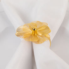 4 Pack Gold Metal Jasmine Flower Napkin Rings with Pearl Center, Decorative Floral Napkin