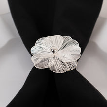 4 Pack Silver Metal Jasmine Flower Napkin Rings with Pearl Center, Decorative Floral Napkin