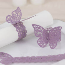 12 Pack Lavender 3D Butterfly Shimmery Paper Napkin Rings, Laser Cut Disposable Napkin Holders Bands