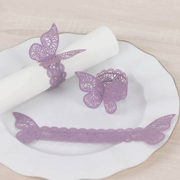 12 Pack Lavender 3D Butterfly Shimmery Paper Napkin Rings, Laser Cut Disposable Napkin Holders Bands with Lace Pattern