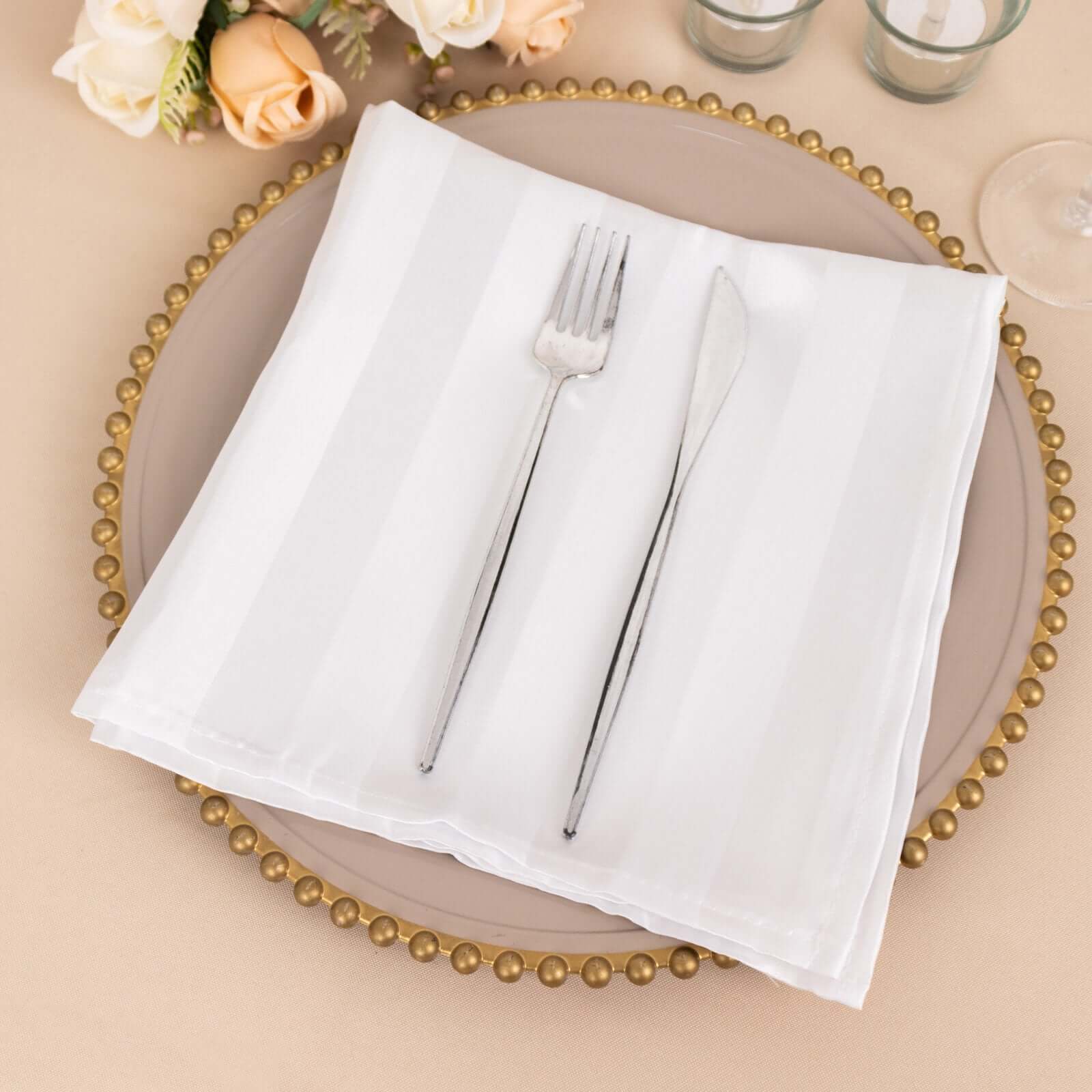 5-Pack White Striped Satin Dinner Napkins | eFavormart.com