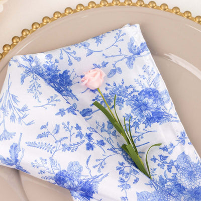 5 Pack Satin Napkins 20"x20" White/Blue French Toile Pattern - Soft & Reusable Dinner Napkins Upscale Gatherings