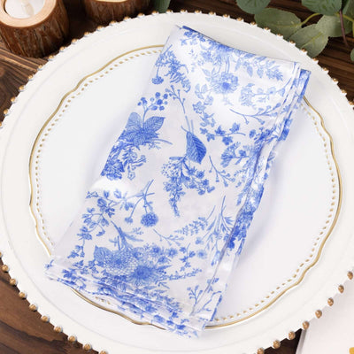 5 Pack Satin Napkins 20"x20" White/Blue French Toile Pattern - Soft & Reusable Dinner Napkins Upscale Gatherings