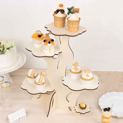 5-Tier Wooden Cake Stand 19" Tall Natural Tree Tower Design with Laser Cut Details - Rustic Cupcake Dessert Display