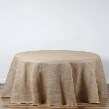 Natural Seamless Rustic Burlap Round Tablecloth 120", Boho Chic Jute Table Linen for 5 Foot Table With Floor-Length Drop