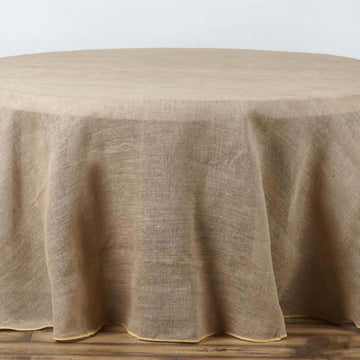 Natural Seamless Rustic Burlap Round Tablecloth 108", Boho Chic Jute Table Linen for 4 Foot Table With Floor-Length Drop