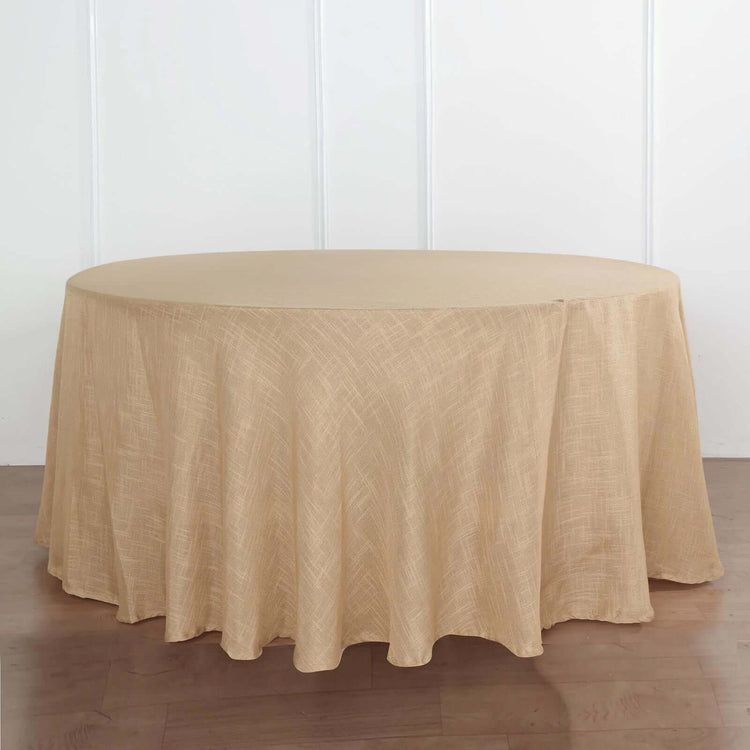 120 Inch Round Natural Linen Wrinkle Resistant Tablecloth With Slubby Texture 