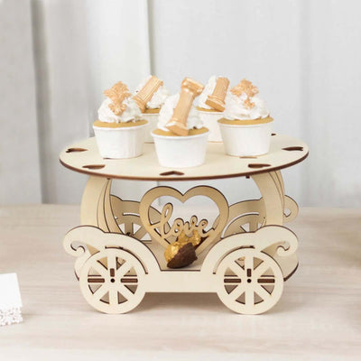 Wooden Wedding Cake Stand 12" Carriage Shape Natural with Laser Cut Design - Round Cupcake Holder Display Plate