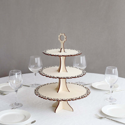 3-Tier Wooden Cupcake Stand 16" Floral Edge Design Natural - Rustic Round Dessert Display Table Centerpiece