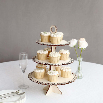 3-Tier Wooden Cupcake Stand 16" Floral Edge Design Natural - Rustic Round Dessert Display Table Centerpiece