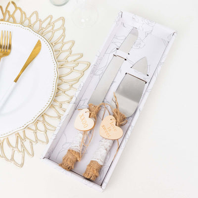 Wedding Cake Knife and Server Set Stainless Steel with Natural Rustic Jute Lace - Gift-Ready in White Box with Heart Tags