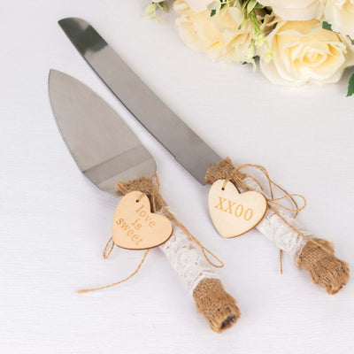 Wedding Cake Knife and Server Set Stainless Steel with Natural Rustic Jute Lace - Gift-Ready in White Box with Heart Tags