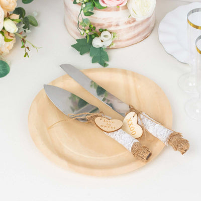 Wedding Cake Knife and Server Set Stainless Steel with Natural Rustic Jute Lace - Gift-Ready in White Box with Heart Tags