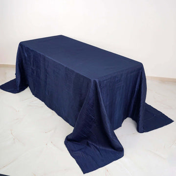 Navy Blue Accordion Crinkle Taffeta Seamless Rectangular Tablecloth 90"x132" for 6 Foot Table With Floor-Length Drop