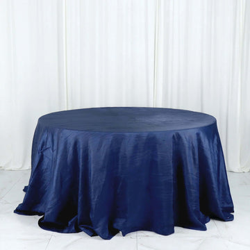 Navy Blue Accordion Crinkle Taffeta Seamless Round Tablecloth 132" for 6 Foot Table With Floor-Length Drop