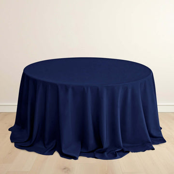 Navy Blue Premium Scuba Round Tablecloth, Wrinkle Free Polyester Seamless Tablecloth 132" for 6 Foot Table With Floor-Length Drop