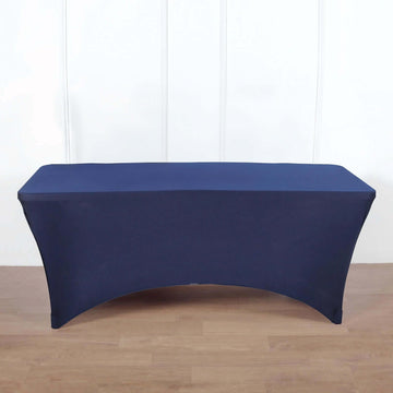 Navy Blue Stretch Spandex Rectangle Tablecloth 8ft Wrinkle Free Fitted Table Cover for 96"x30" Tables