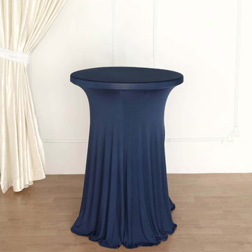 Navy Blue Round Heavy Duty Spandex Cocktail Table Cover With Wavy Drapes