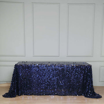 Navy Blue Seamless Big Payette Sequin Rectangle Tablecloth 90"x132" for 6 Foot Table With Floor-Length Drop