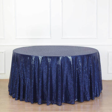 Navy Blue Seamless Premium Sequin Round Tablecloth, Sparkly Tablecloth 132" for 6 Foot Table With Floor-Length Drop