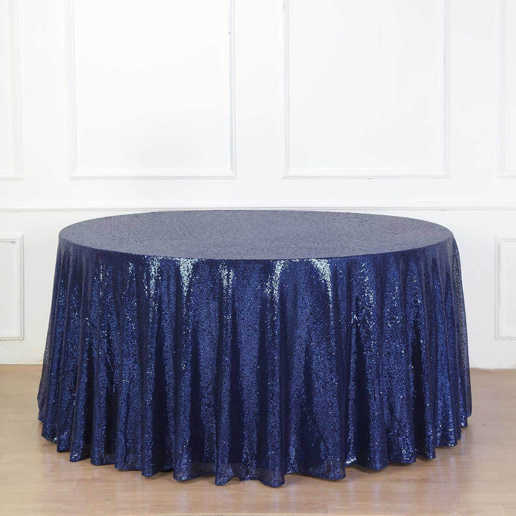 132inch Navy Blue Premium Sequin Round Tablecloth, Sparkly Tablecloth