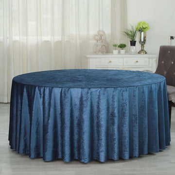 Navy Blue Seamless Premium Velvet Round Tablecloth, Reusable Linen 120" for 5 Foot Table With Floor-Length Drop