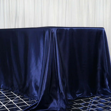 Navy Blue Seamless Satin Rectangular Tablecloth 90"x156" for 8 Foot Table With Floor-Length Drop