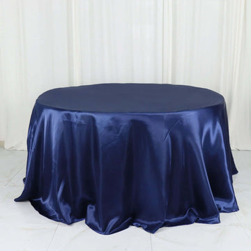 Navy Blue Seamless Satin Round Tablecloth 132" for 6 Foot Table With Floor-Length Drop