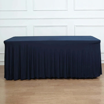 Navy Blue Wavy Spandex Fitted Rectangle 1-Piece Tablecloth Table Skirt 6ft, Stretchy Table Skirt Cover with Ruffles For 72"x30" Tables