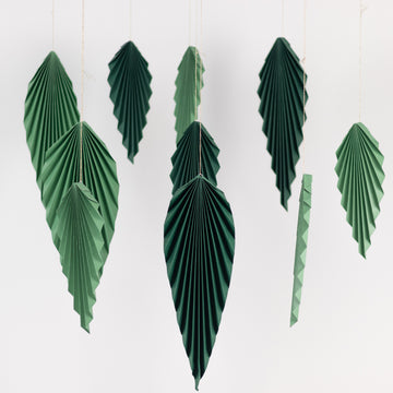 Set of 6 Mixed Green Leaves Hanging Paper Fans Wall Decor, Pre-Strung Foldable Tropical Palm Leaves Jungle Theme Party Supplies - 11",15"