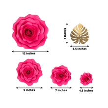 Set of 9 Fuchsia 3D Rose Paper Flowers with Gold Monstera Leaves, Nursery Flower Backdrop Hanging