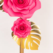 Set of 9 Fuchsia 3D Rose Paper Flowers with Gold Monstera Leaves, Nursery Flower Backdrop Hanging