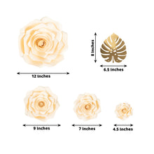 Set of 9 Ivory 3D Rose Paper Flowers with Gold Monstera Leaves, Nursery Flower Backdrop Hanging Wall