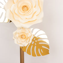 Set of 9 Ivory 3D Rose Paper Flowers with Gold Monstera Leaves, Nursery Flower Backdrop Hanging Wall