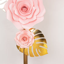 Set of 9 Pink 3D Rose Paper Flowers with Gold Monstera Leaves, Nursery Flower Backdrop Hanging Wall