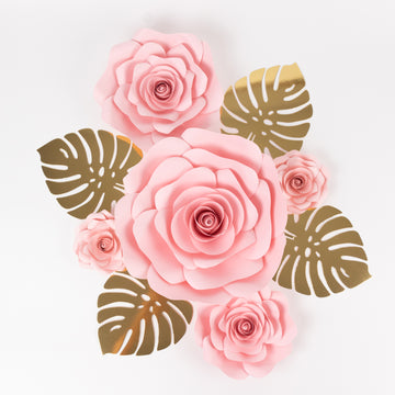 Set of 9 Pink 3D Rose Paper Flowers with Gold Monstera Leaves, Nursery Flower Backdrop Hanging Wall Decor