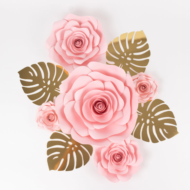 Set of 9 Pink 3D Rose Paper Flowers with Gold Monstera Leaves, Nursery Flower Backdrop Hanging Wall