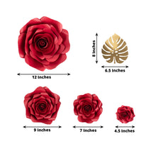 Set of 9 Red 3D Rose Paper Flowers with Gold Monstera Leaves, Nursery Flower Backdrop Hanging Wall