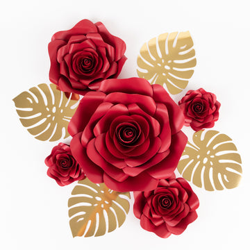 Set of 9 Red 3D Rose Paper Flowers with Gold Monstera Leaves, Nursery Flower Backdrop Hanging Wall Decor