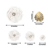 Set of 9 White 3D Rose Paper Flowers with Gold Monstera Leaves, Nursery Flower Backdrop Hanging Wall