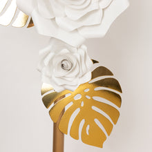 Set of 9 White 3D Rose Paper Flowers with Gold Monstera Leaves, Nursery Flower Backdrop Hanging Wall