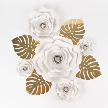 Set of 9 White 3D Rose Paper Flowers with Gold Monstera Leaves, Nursery Flower Backdrop Hanging Wall Decor