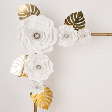 <h3 style="margin-left:0px;"><strong>Versatile White 3D Rose Flowers and Gold Monstera Palm Leaves: Perfect for Any Event Theme</strong>